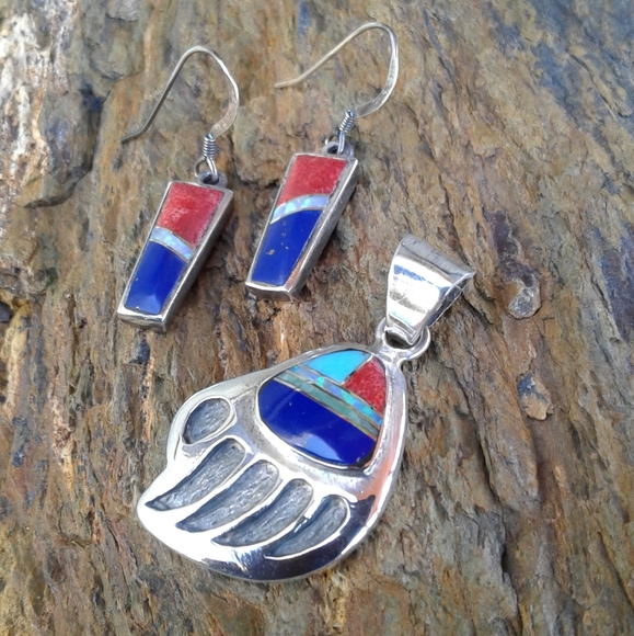 Sterling Silver Multi Inlay Bear Claw Pendant SET - Picture 6 of 6